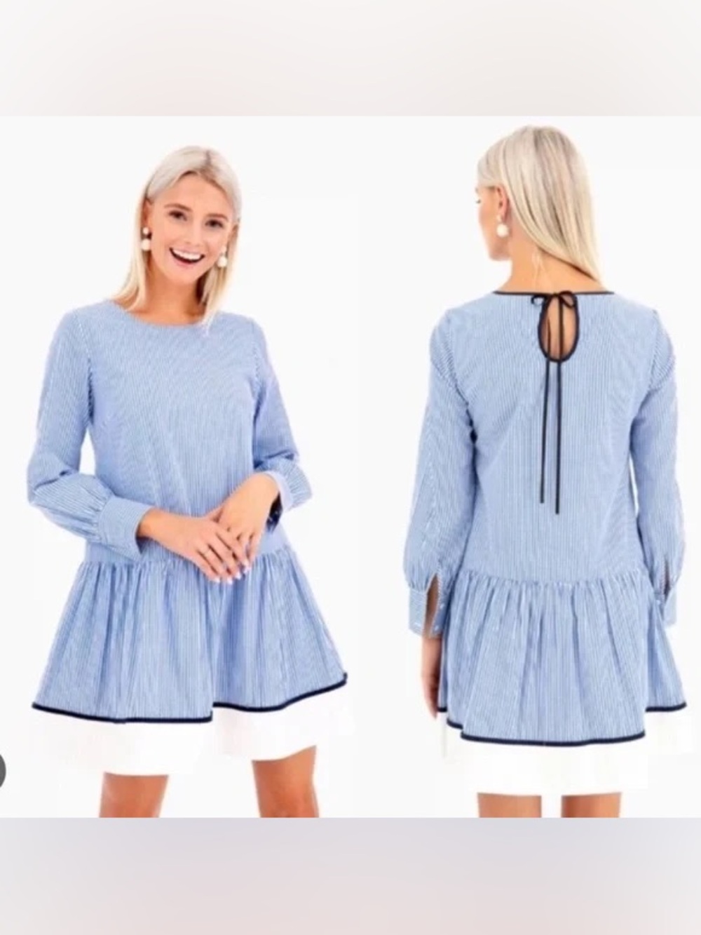 Tucketnuck All Row Preppy Blue and White Striped Babydoll Dress with Back Tie